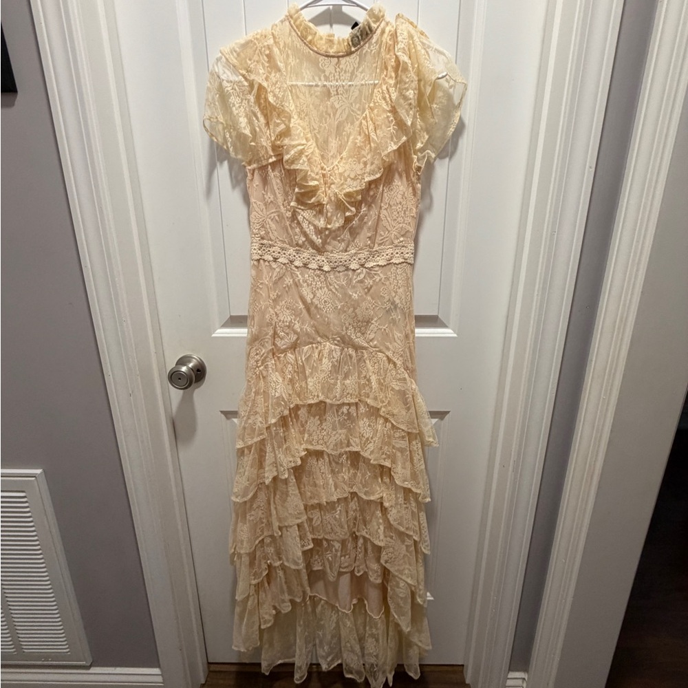 Vici Cream Lace Ruffle Maxi Dress